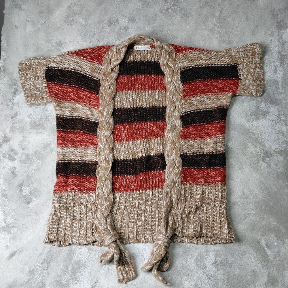Cato Chunky Knit Cardigan Sweater Womens Large Striped Open Front Braided Boho L